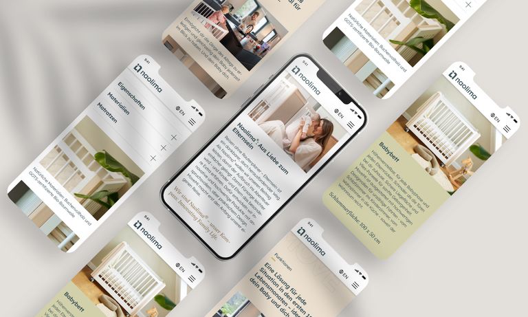 Naolima Webdesign – Ausschnitte aus Onepager auf iPhone-Screens